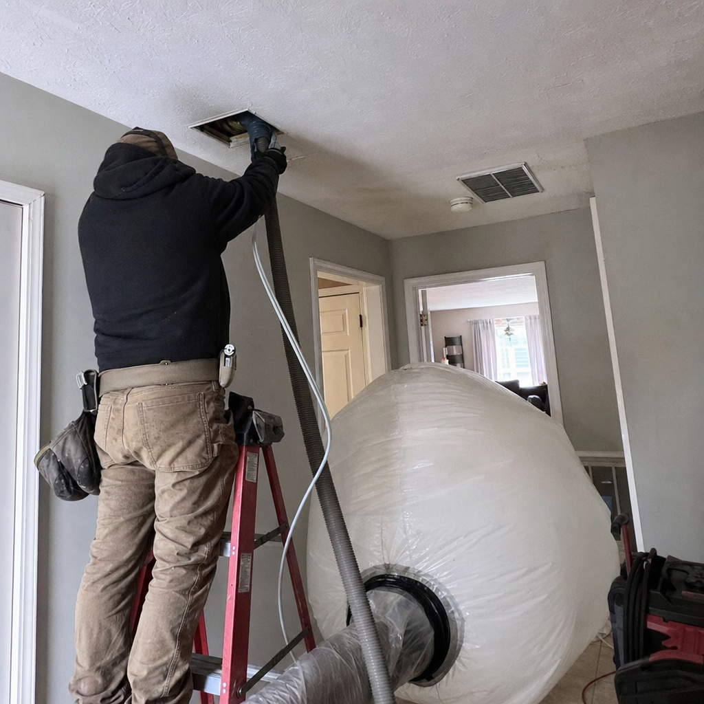 Technician using professional vacuum equipment for residential air duct cleaning