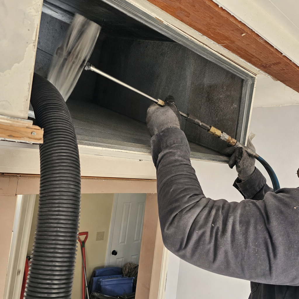 Technician using professional rotating brush equipment for air duct cleaning