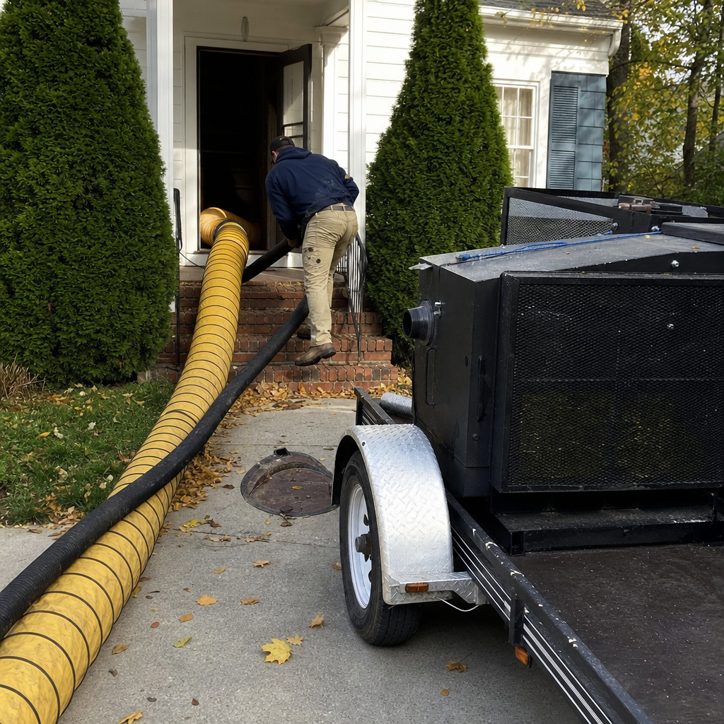 Technician using professional air duct cleaning equipment at a residence