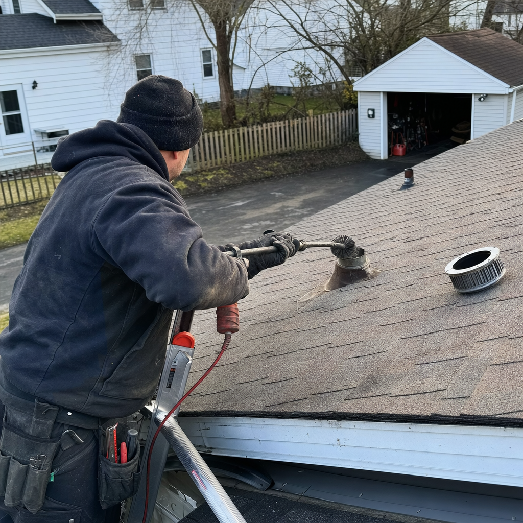 Professional technician performing dryer vent cleaning from a roof