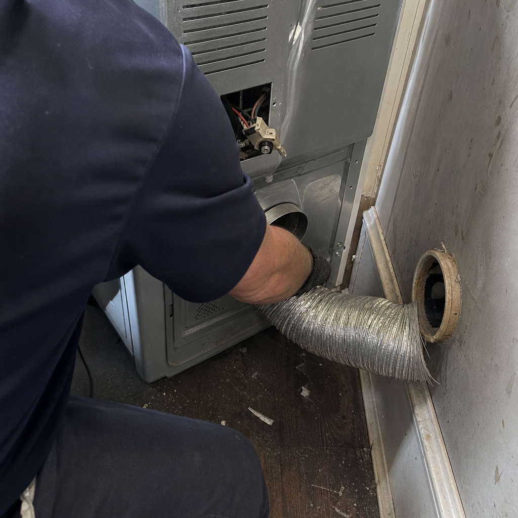 Technician connecting a silver flexible hose during dryer vent cleaning service.