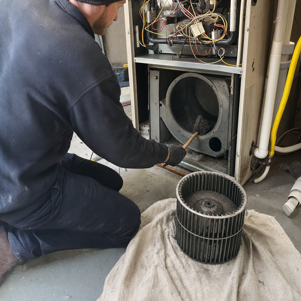 HVAC technician cleaning furnace blower housing with a brush