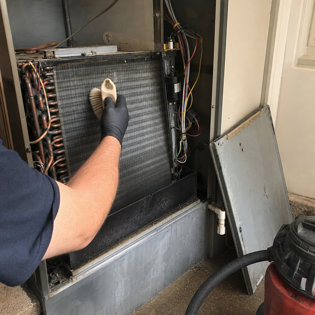 Technician cleaning HVAC system evaporator coils with a brush