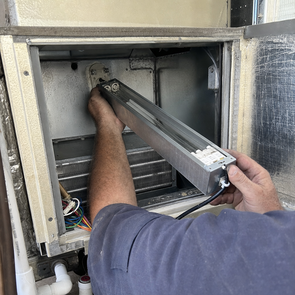 HVAC technician installing UV light air purification system in ductwork in Cleveland, OH