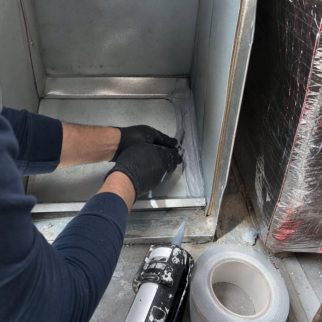 Technician applying sealant to HVAC ductwork joints for air duct repair in Cleveland, OH
